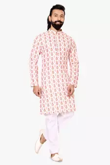 Men White Cotton Digital Printed Kurta Churidar Set
