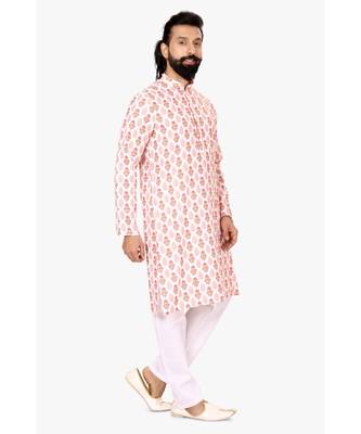 Men White Cotton Digital Printed Kurta Churidar Set 3