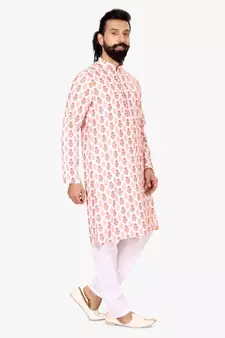 Men White Cotton Digital Printed Kurta Churidar Set