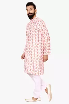 Men White Cotton Digital Printed Kurta Churidar Set