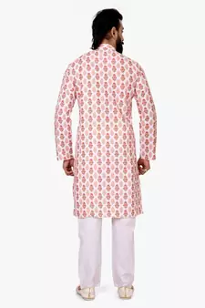 Men White Cotton Digital Printed Kurta Churidar Set