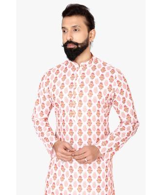 Men White Cotton Digital Printed Kurta Churidar Set 6