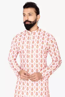 Men White Cotton Digital Printed Kurta Churidar Set