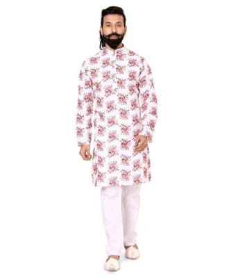 Men White Cotton Digital Printed Kurta Churidar Set 2