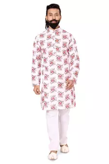 Men White Cotton Digital Printed Kurta Churidar Set