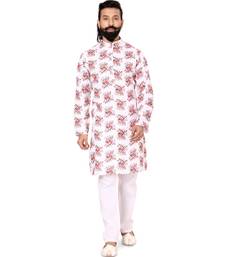Men White Cotton Digital Printed Kurta Churidar Set