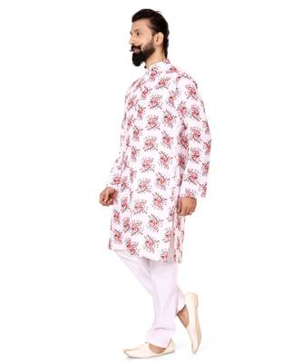 Men White Cotton Digital Printed Kurta Churidar Set 3