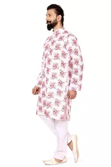 Men White Cotton Digital Printed Kurta Churidar Set
