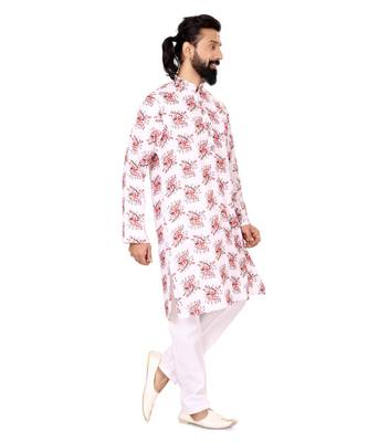 Men White Cotton Digital Printed Kurta Churidar Set 4