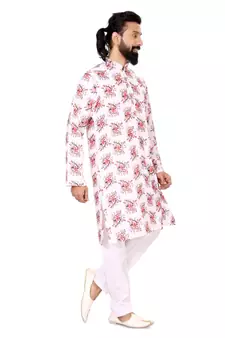 Men White Cotton Digital Printed Kurta Churidar Set