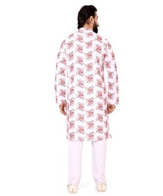 Men White Cotton Digital Printed Kurta Churidar Set 5