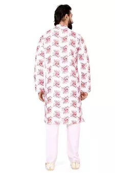 Men White Cotton Digital Printed Kurta Churidar Set