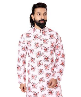 Men White Cotton Digital Printed Kurta Churidar Set 6