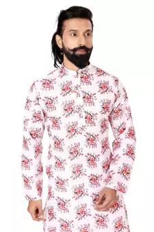 Men White Cotton Digital Printed Kurta Churidar Set