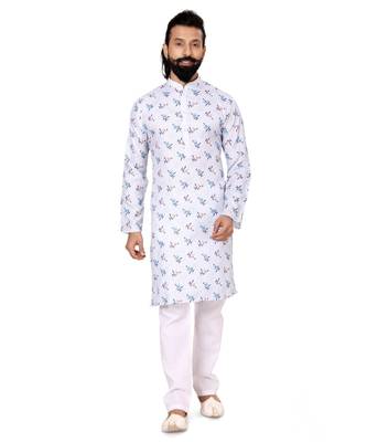 Men White Cotton Digital Printed Kurta Churidar Set 2