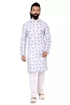 Men White Cotton Digital Printed Kurta Churidar Set