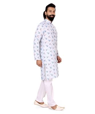 Men White Cotton Digital Printed Kurta Churidar Set 3