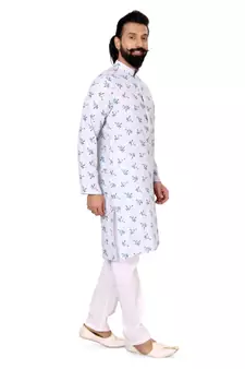 Men White Cotton Digital Printed Kurta Churidar Set