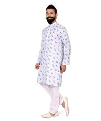 Men White Cotton Digital Printed Kurta Churidar Set 4