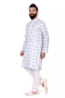 Men White Cotton Digital Printed Kurta Churidar Set