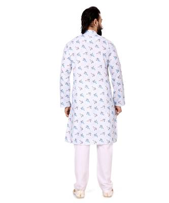 Men White Cotton Digital Printed Kurta Churidar Set 5