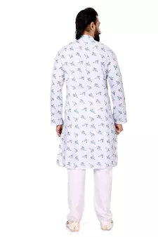 Men White Cotton Digital Printed Kurta Churidar Set