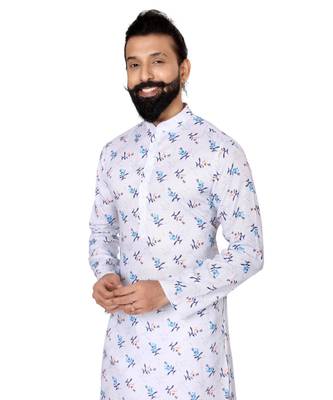 Men White Cotton Digital Printed Kurta Churidar Set 6