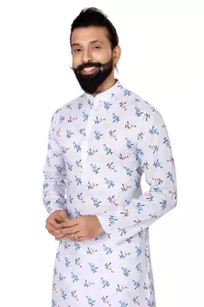 Men White Cotton Digital Printed Kurta Churidar Set