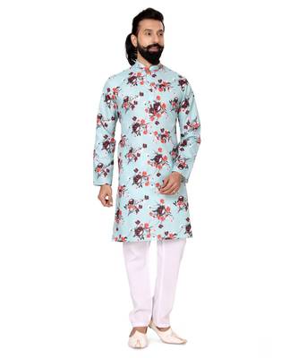 Men Sky Blue Cotton Digital Printed Kurta Churidar Set 2