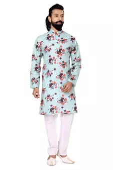Men Sky Blue Cotton Digital Printed Kurta Churidar Set