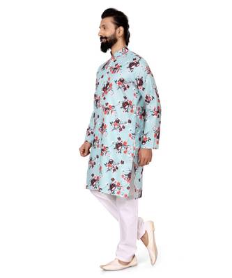 Men Sky Blue Cotton Digital Printed Kurta Churidar Set 3
