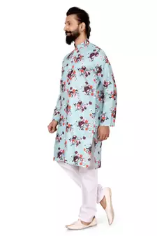 Men Sky Blue Cotton Digital Printed Kurta Churidar Set