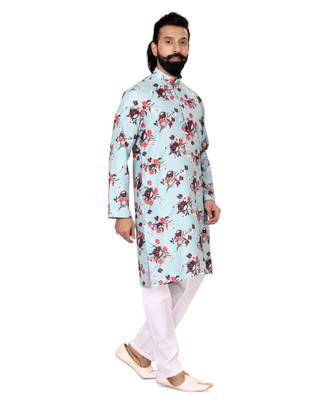 Men Sky Blue Cotton Digital Printed Kurta Churidar Set 4