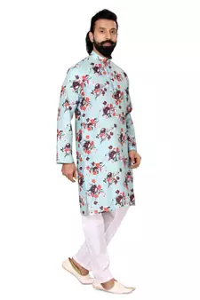 Men Sky Blue Cotton Digital Printed Kurta Churidar Set