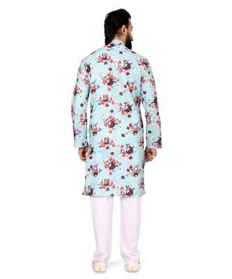 Men Sky Blue Cotton Digital Printed Kurta Churidar Set 5