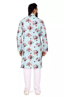 Men Sky Blue Cotton Digital Printed Kurta Churidar Set