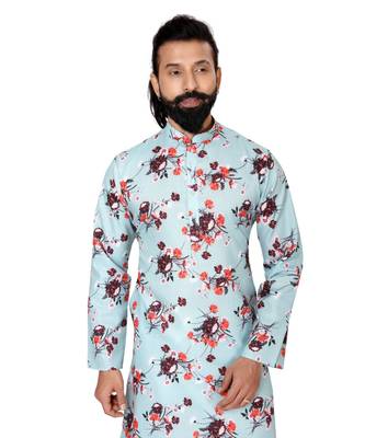 Men Sky Blue Cotton Digital Printed Kurta Churidar Set 6