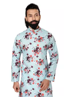 Men Sky Blue Cotton Digital Printed Kurta Churidar Set