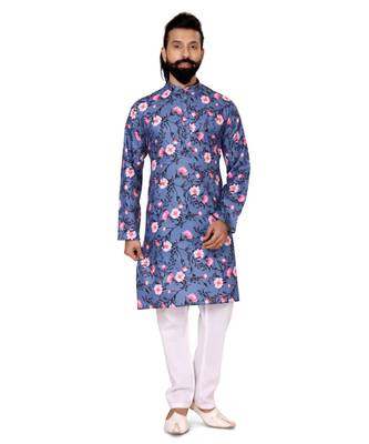 Men Blue Cotton Digital Printed Kurta Churidar Set 2