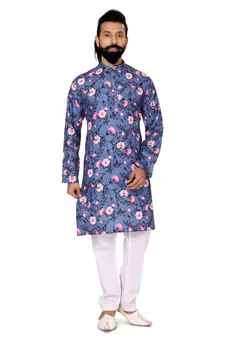 Men Blue Cotton Digital Printed Kurta Churidar Set