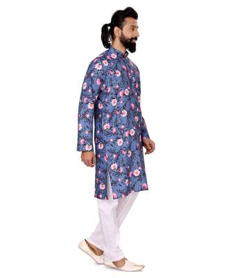 Men Blue Cotton Digital Printed Kurta Churidar Set 3