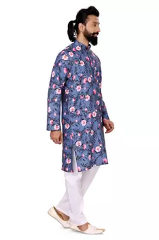 Men Blue Cotton Digital Printed Kurta Churidar Set