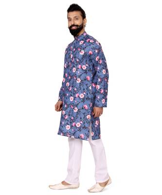 Men Blue Cotton Digital Printed Kurta Churidar Set 4