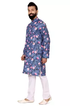 Men Blue Cotton Digital Printed Kurta Churidar Set