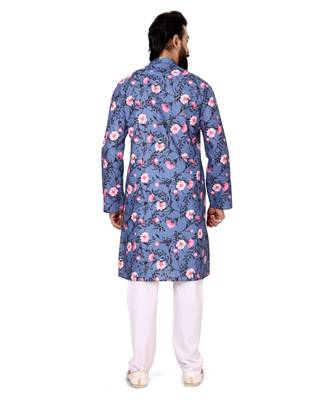 Men Blue Cotton Digital Printed Kurta Churidar Set 5