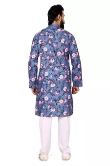 Men Blue Cotton Digital Printed Kurta Churidar Set