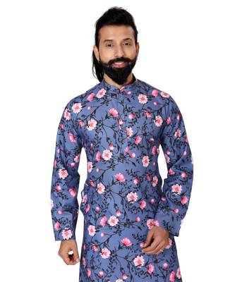 Men Blue Cotton Digital Printed Kurta Churidar Set 6