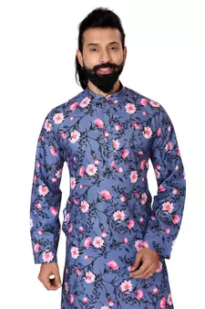 Men Blue Cotton Digital Printed Kurta Churidar Set
