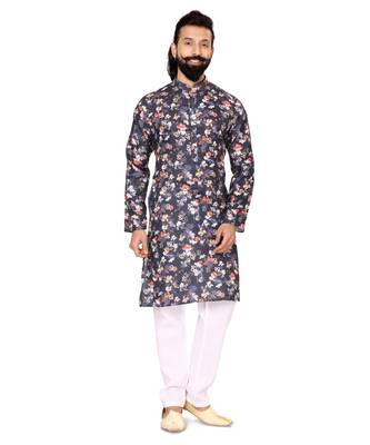 Men Black Cotton Digital Printed Kurta Churidar Set 2