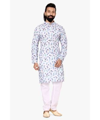 Men Off White Cotton Digital Printed Kurta Churidar Set 2